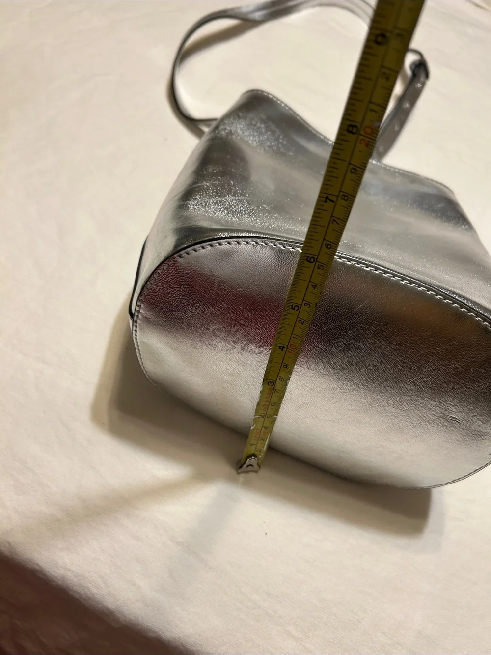 French Connection Silver Metallic Leather Crossbody Bucket Bag